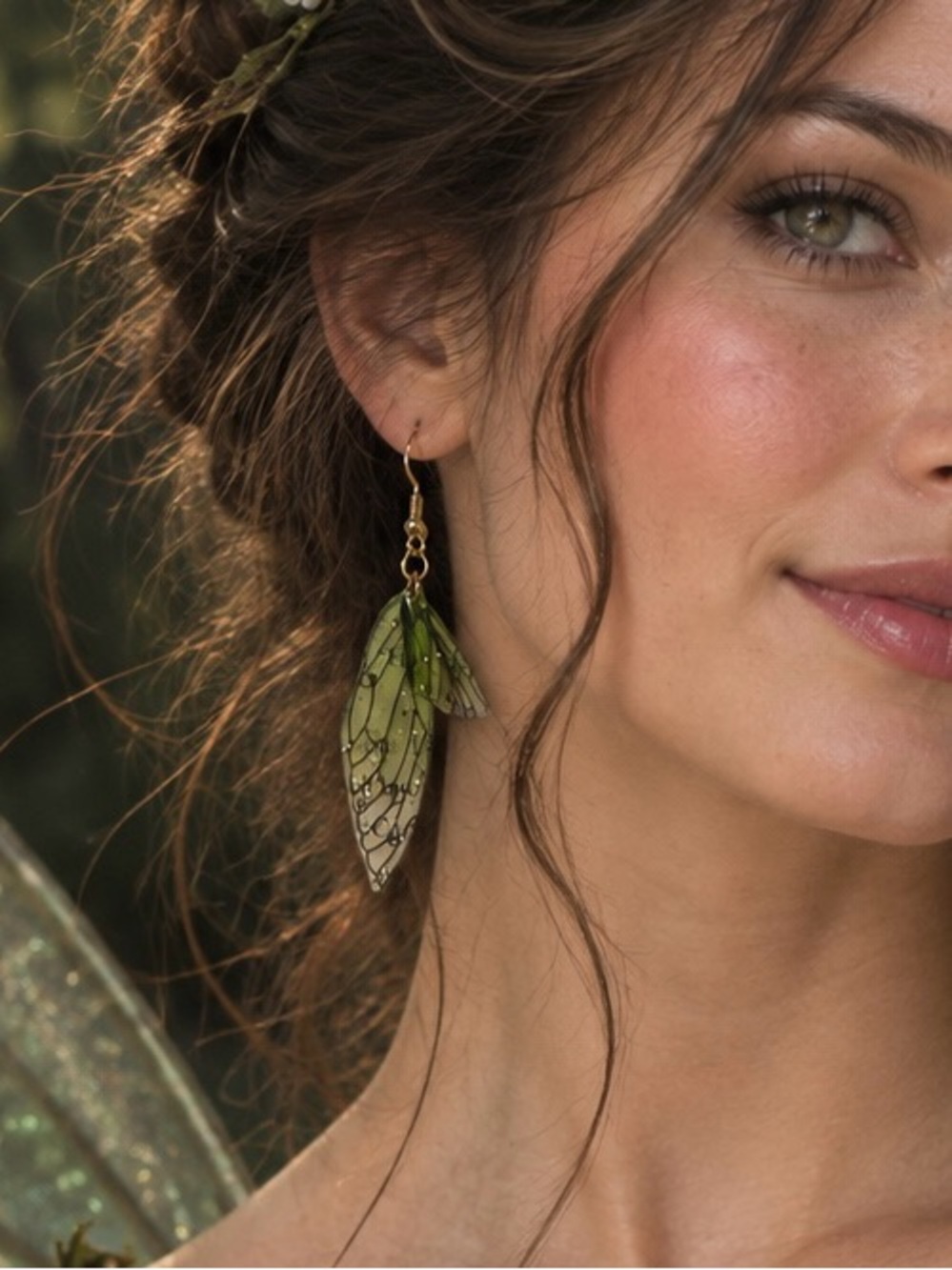💚🧚 Green Gold Fairy Wing Earrings Cottage-core Halloween Butterfly Earrings